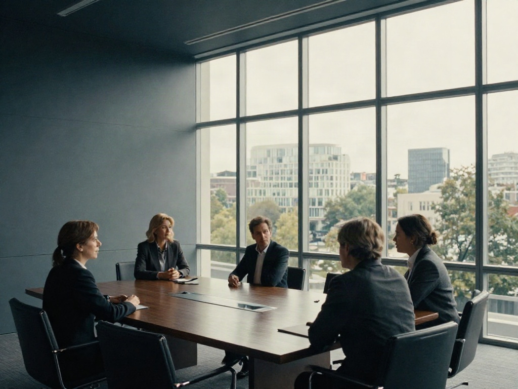 Business leaders discussing strategy in a light-filled contemporary boardroom