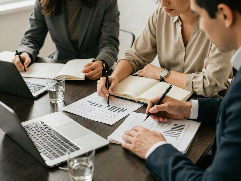 Consultants collaborating over business analytics and a strategic plan